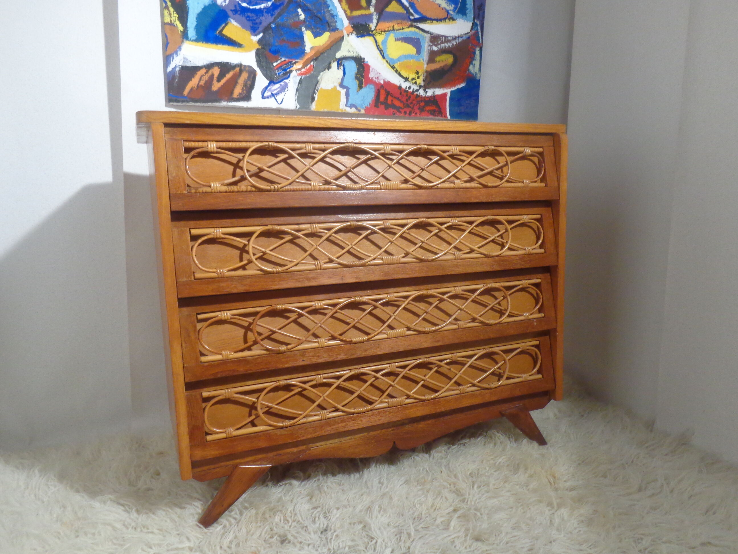 Chest of drawers wood and rattan Louis Sognot 1950 foot compass