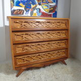 Chest of drawers wood and rattan Louis Sognot 1950 foot compass