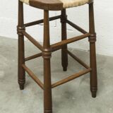 Brutalist stool in wood and straw, 1960s, 59cm