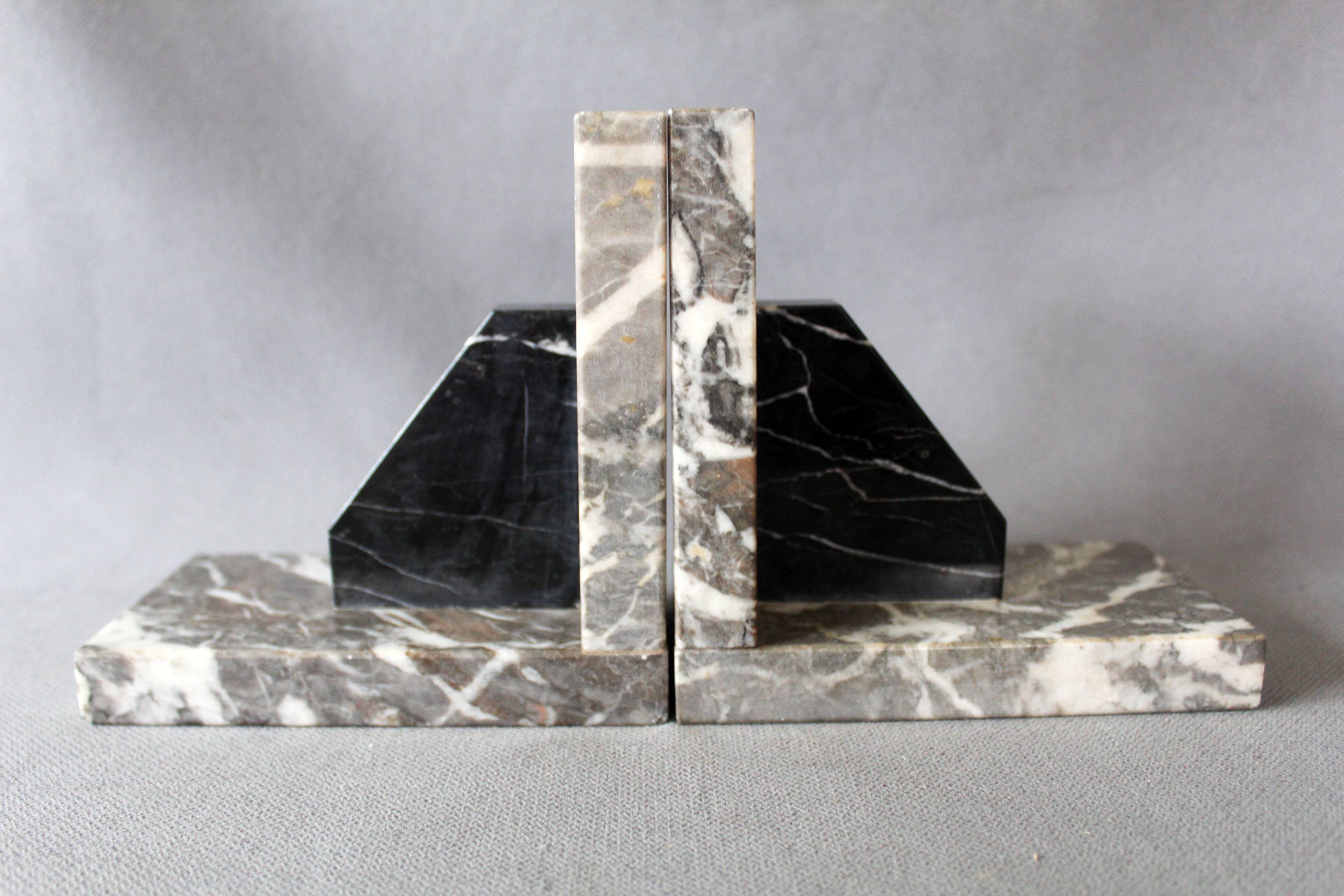Set of 2 vintage Art Deco bookends in grey, black, and white marble