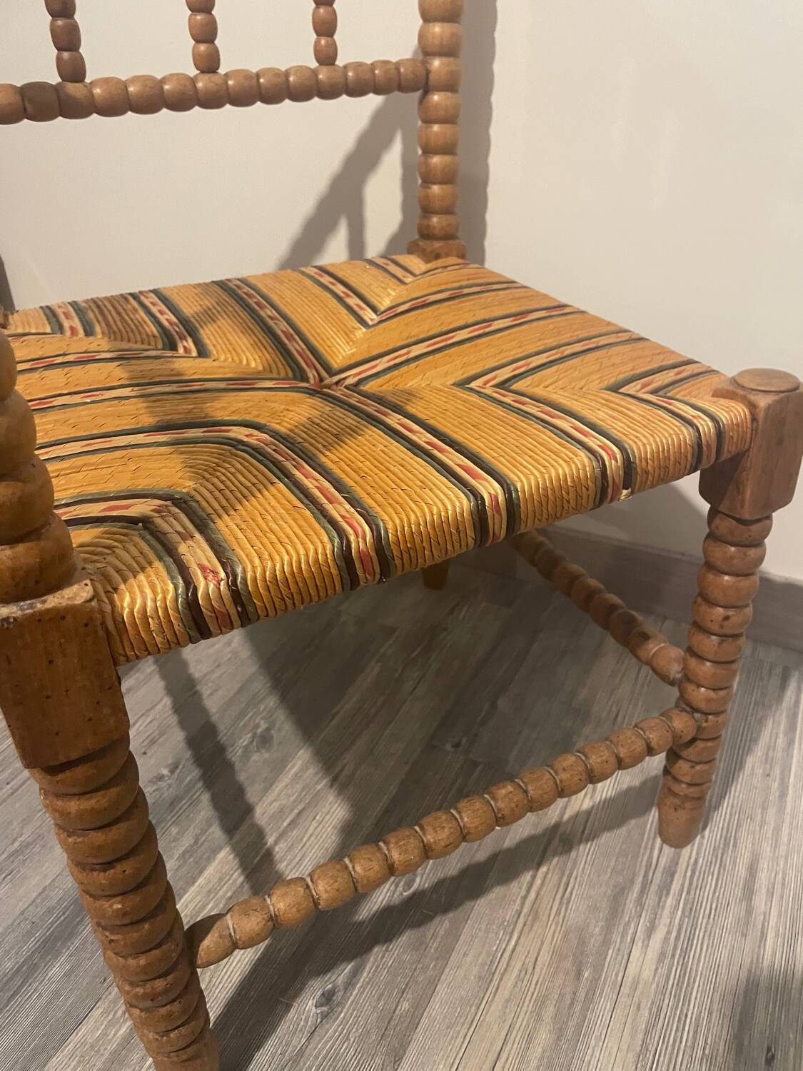 Vintage Art Deco Bobbin Wood and Straw Corner Chair, 1930s