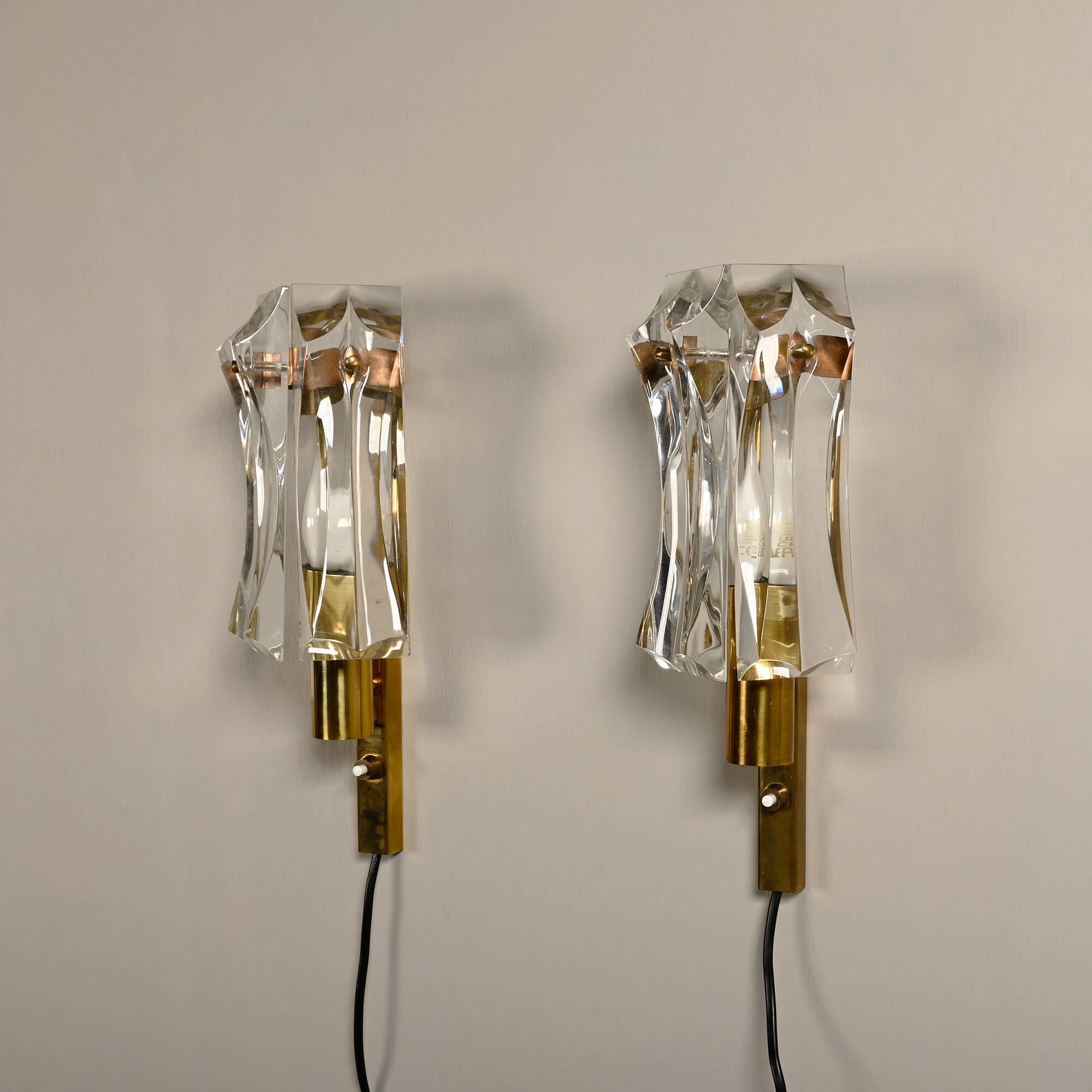 Set of vintage Danish Modern Brass and Glass Wall Sconces, 1970's
