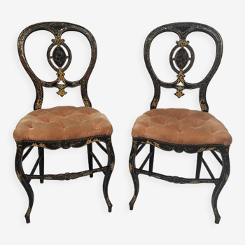 Pair of Napoleon III chairs, blackened wood gold décor and burgau