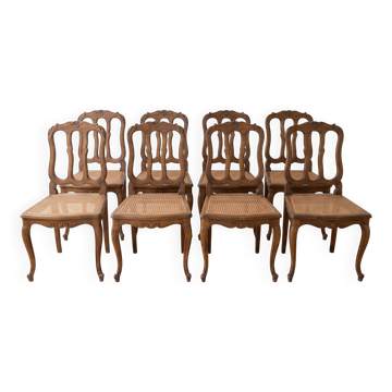 Lot de 8 chaises Louis XV en bois et cannage