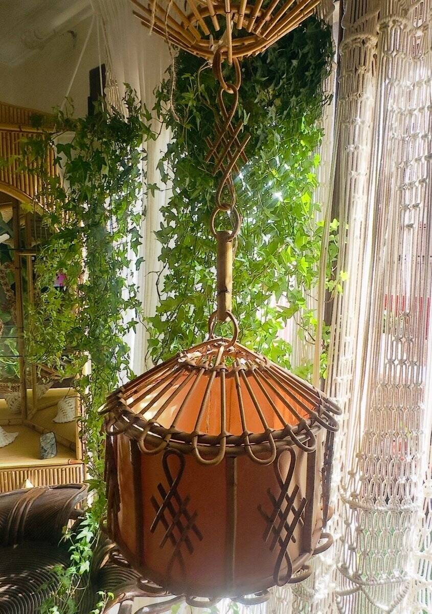 Hanging bamboo lamp with chinoiserie details by Louis Sognot, France, 1950.