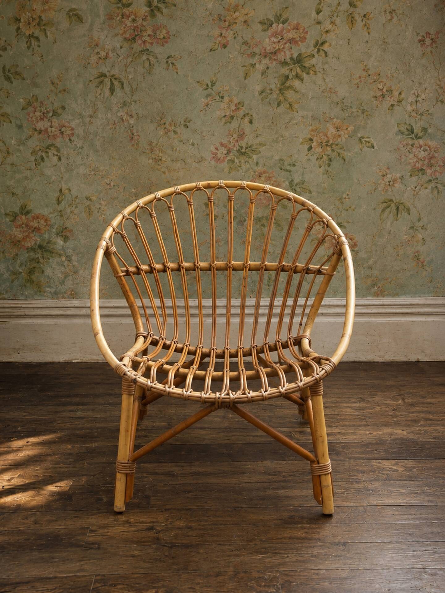 Vintage 1960s rattan shell chair – an icon of bohemian design.