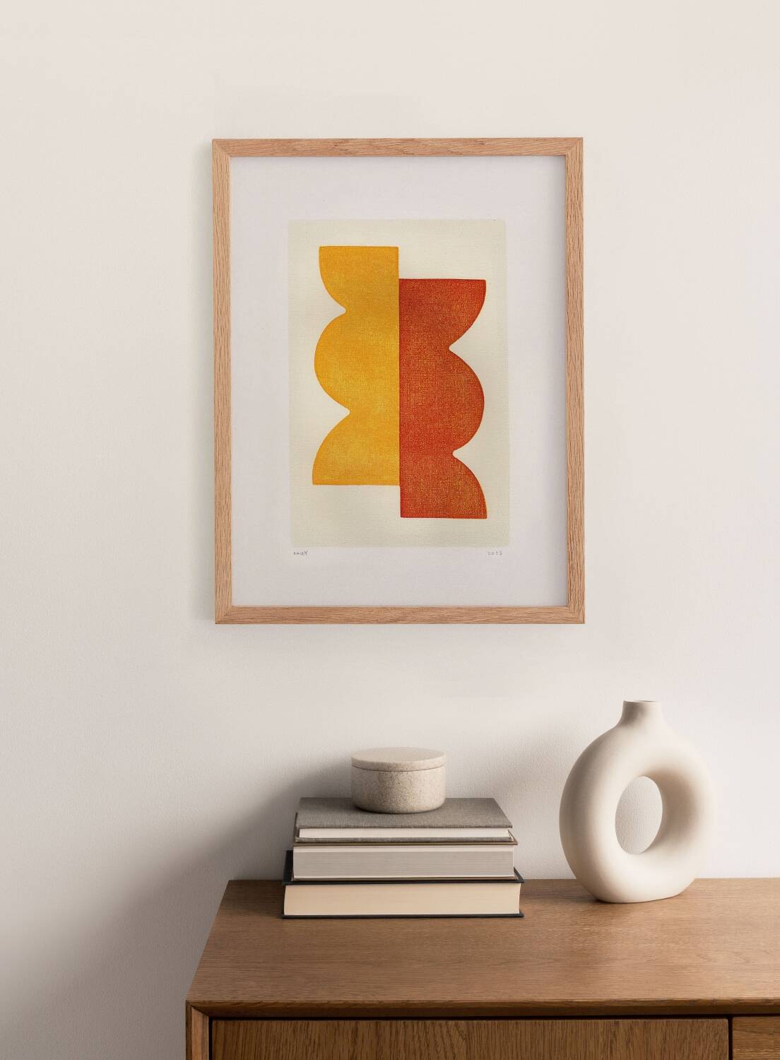 Peinture abstraite sur papier 30x40cm  wax jaune et orange signée Eawy