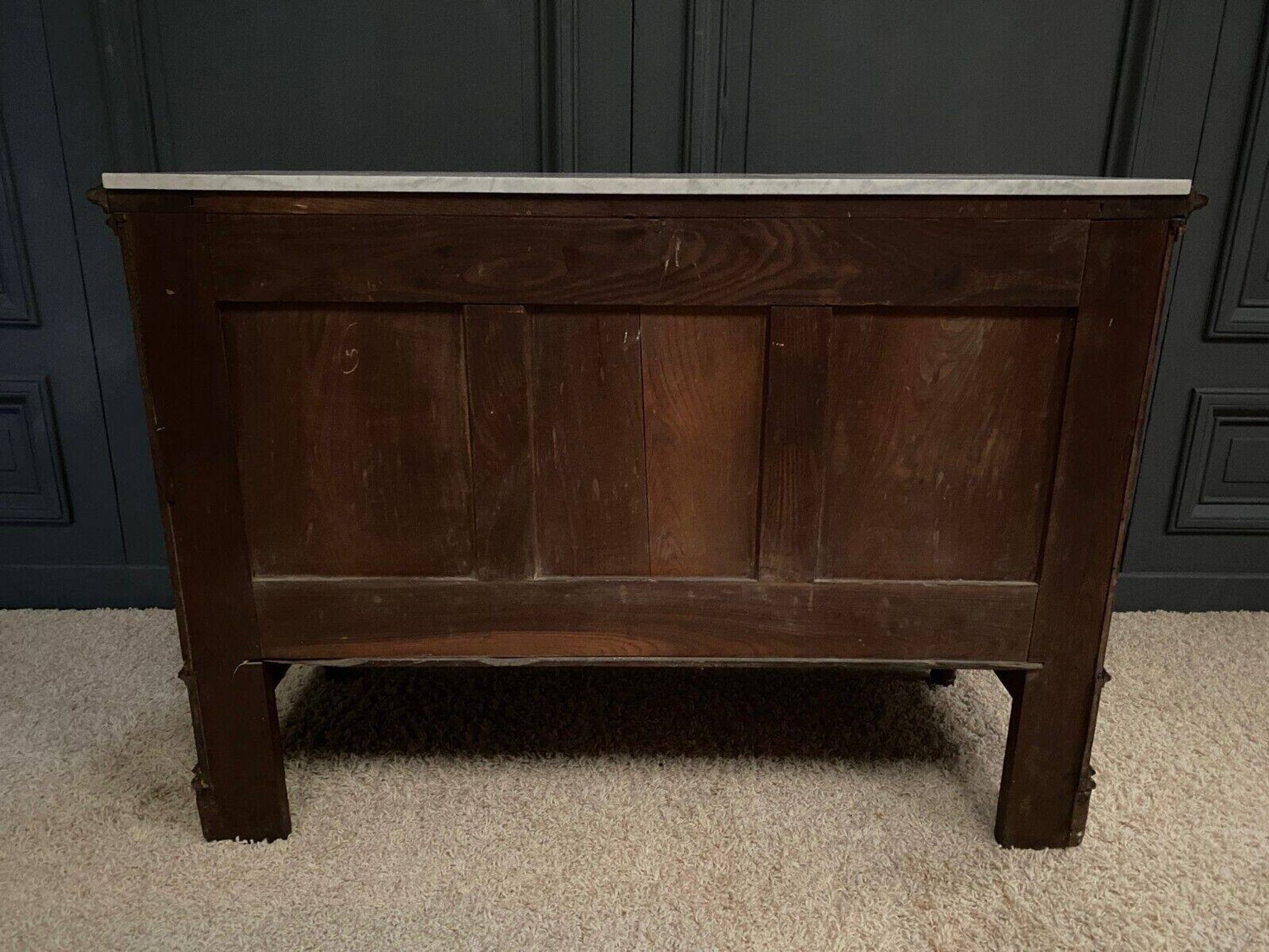 19th century Louis XVI style chest of drawers, white marble, fluted 4 drawers