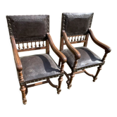 Pair of henri ll leather armchairs pushed back end 19 th