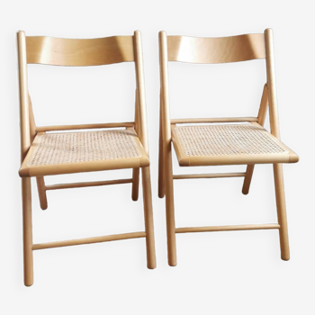 2 Vintage Folding Chairs, Beech and Rattan Canework