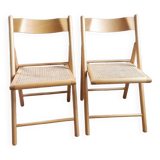 2 Vintage Folding Chairs, Beech and Rattan Canework