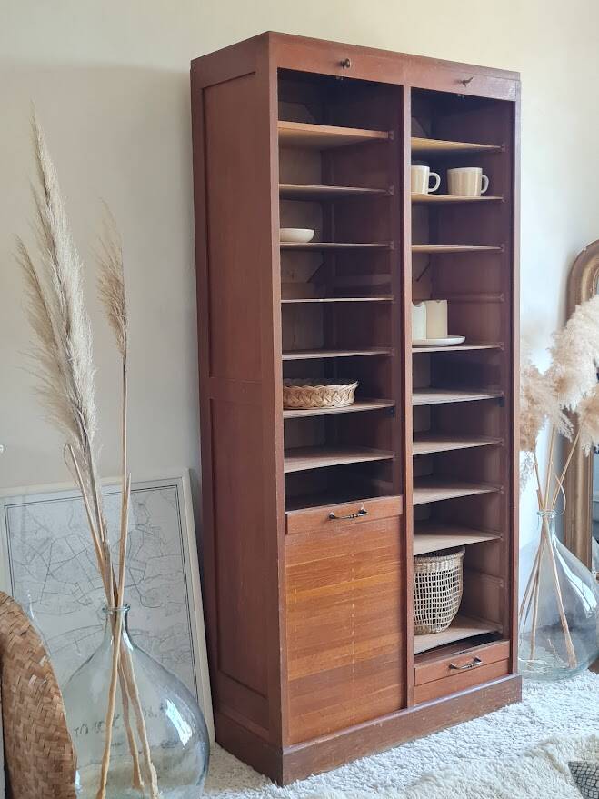 Vintage double curtain filing cabinet.