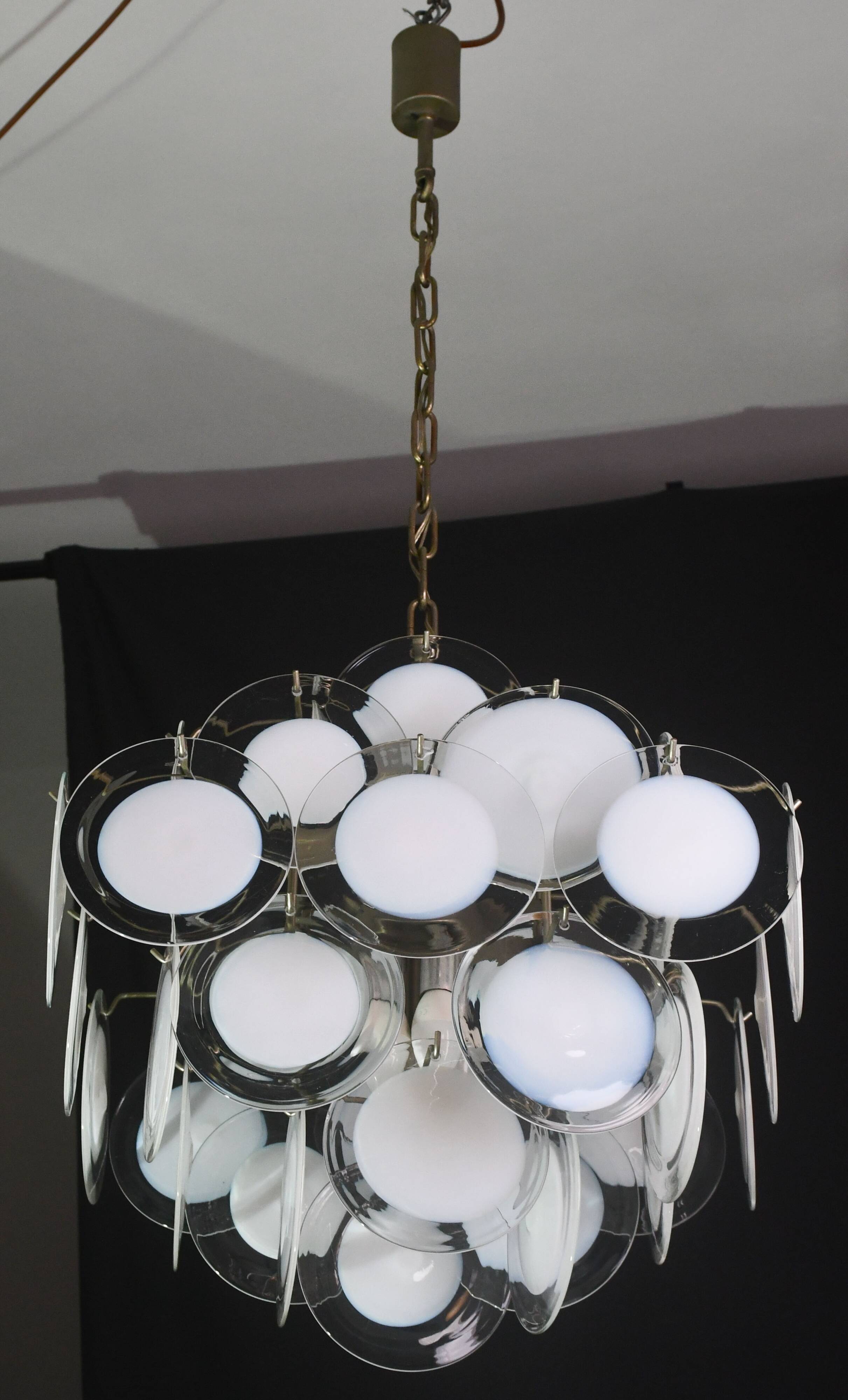 Large 36 Murano Glass White Disc Chandelier by Vistosi, 1970s