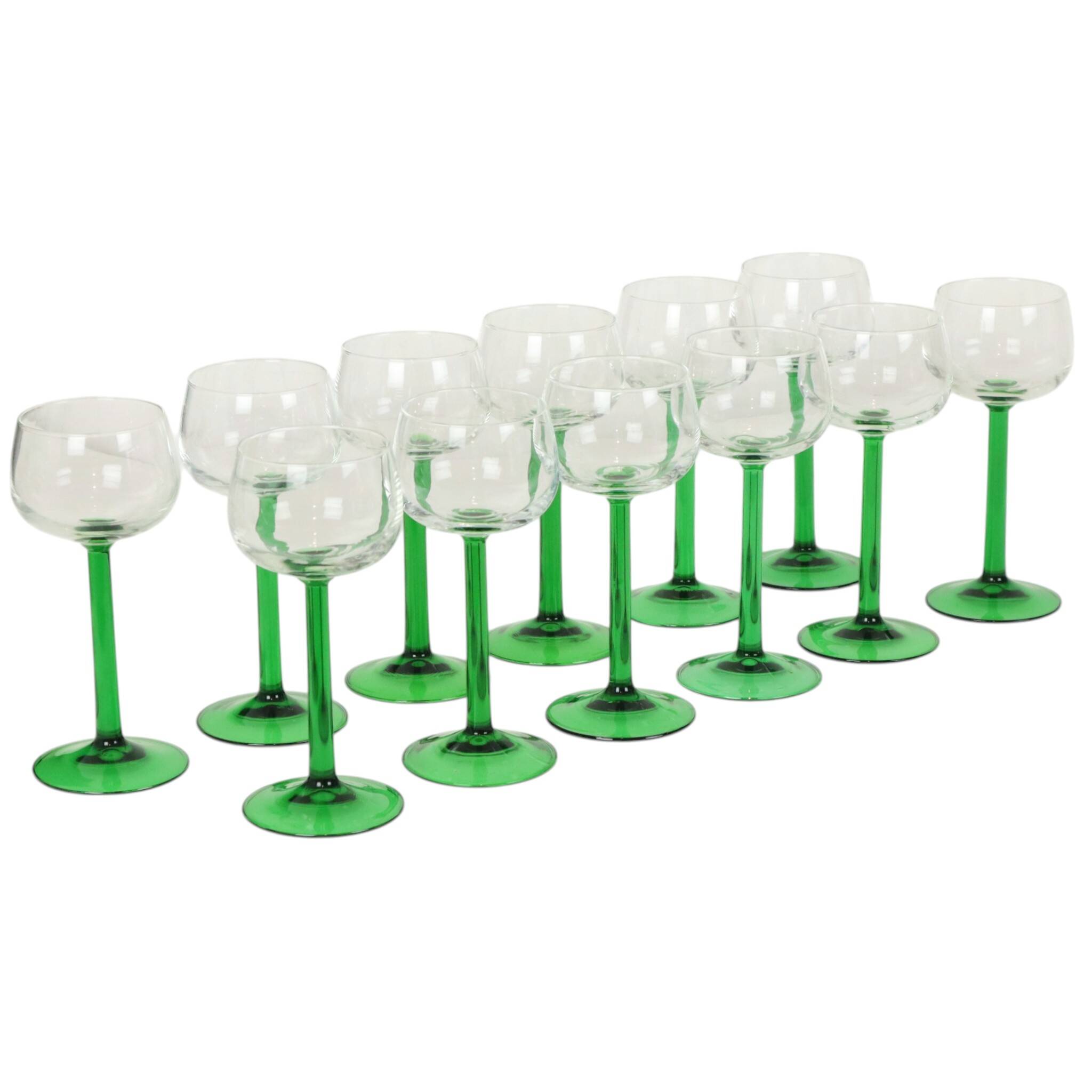 Set of 12 Vintage Luminarc Alsace Wine Glasses Thick Green Stems