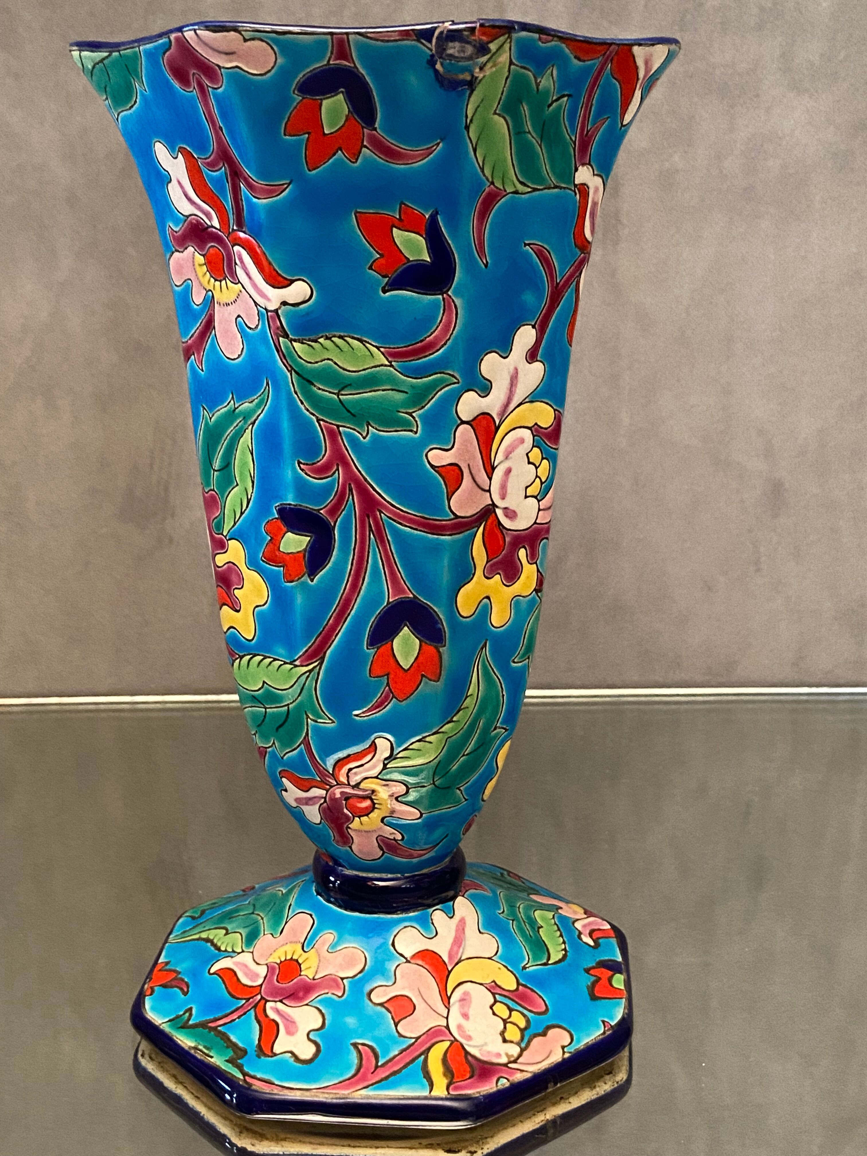 Faience cornet vase with floral decoration signed Emaux de Longwy