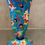 Faience cornet vase with floral decoration signed Emaux de Longwy