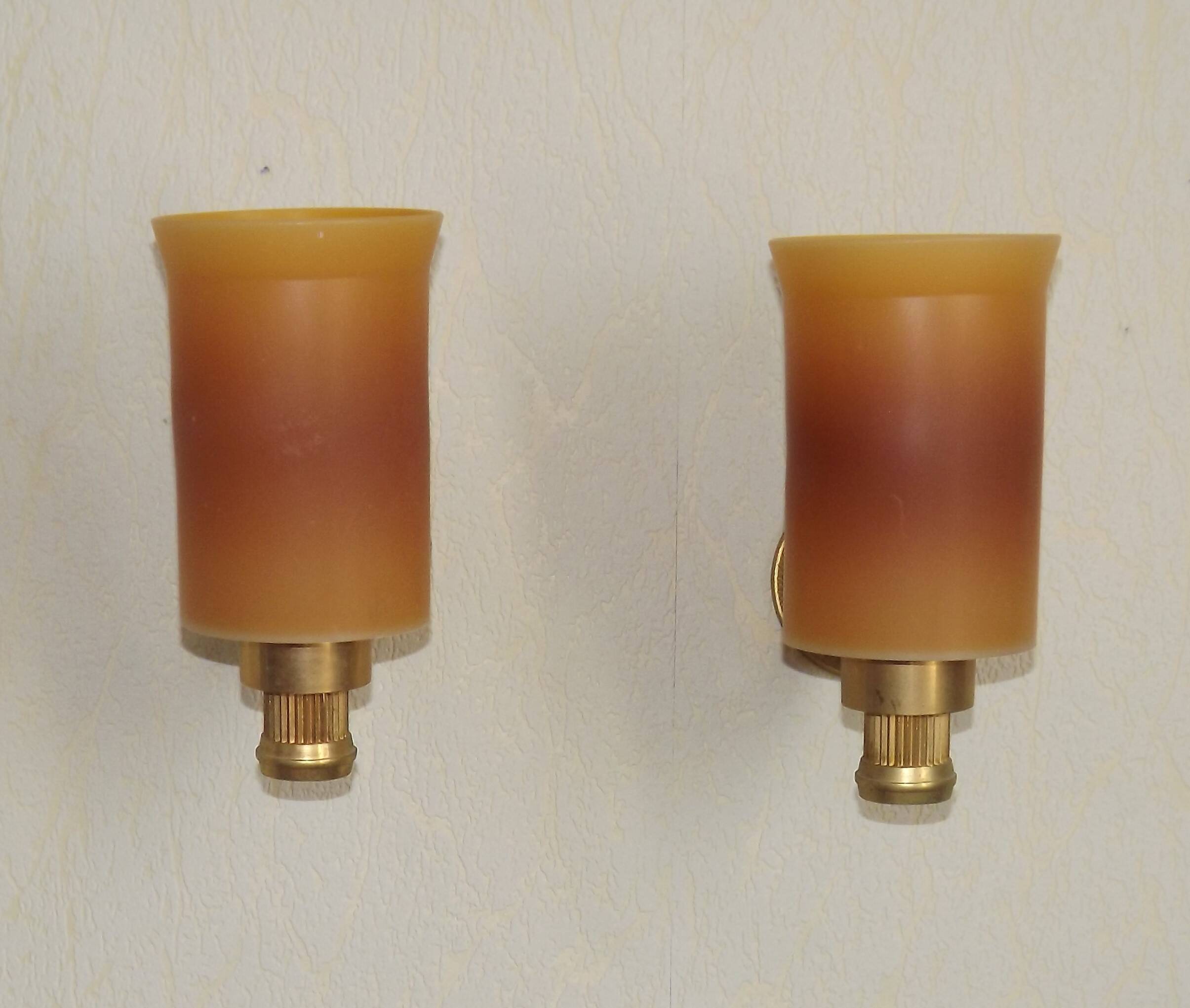 Pair French Vintage 1960s Retro Single Wall Lights Brass & Orange Acrylic