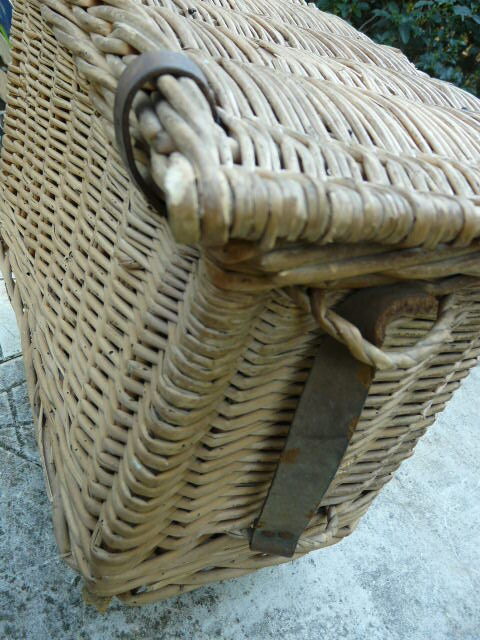 Old fishing basket rattan wood and leather