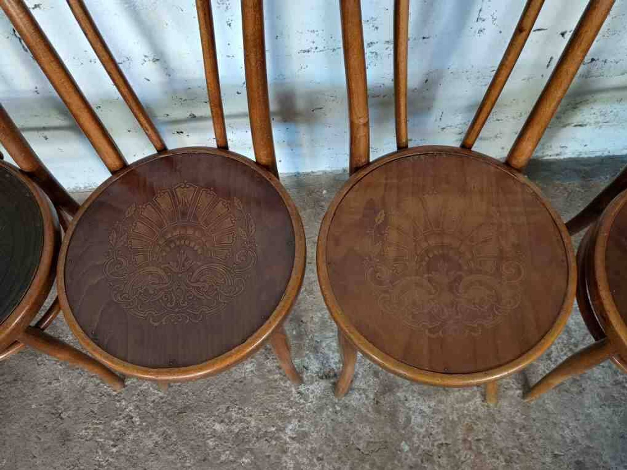 7 piroengraved bistro chairs from the beginning of the 20th century Fischel Baumann Luterma