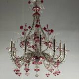 Rezzonico Venetian chandelier in colorless and red Venetian glass, circa 1920