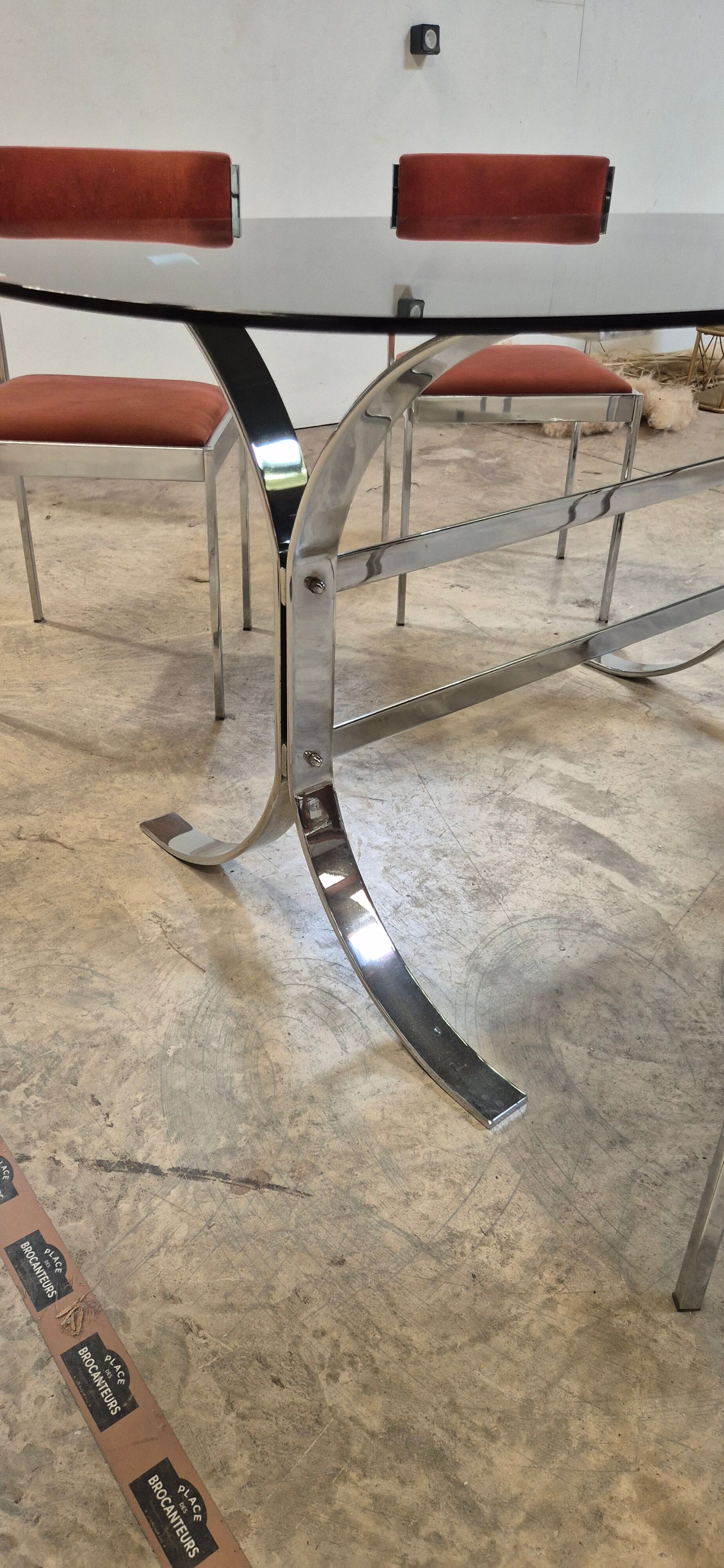 Dining room table + 4 stainless steel and smoked glass chairs 1970