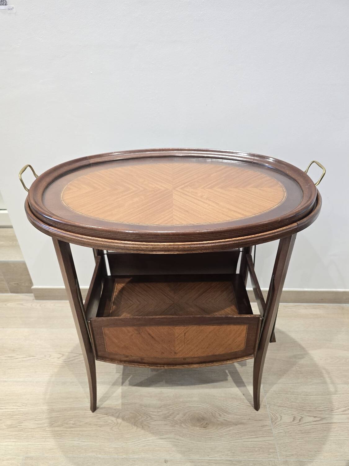 Folding tea table in marquetry wood - removable top