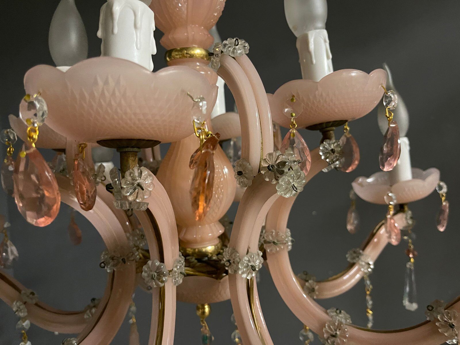 Vintage Italian Pink Opaline Murano Glass Chandelier