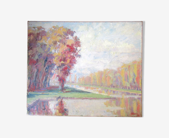 Huile sur toile, représentant un bord de rivière, signé et daté 1938