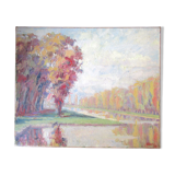 Huile sur toile, représentant un bord de rivière, signé et daté 1938