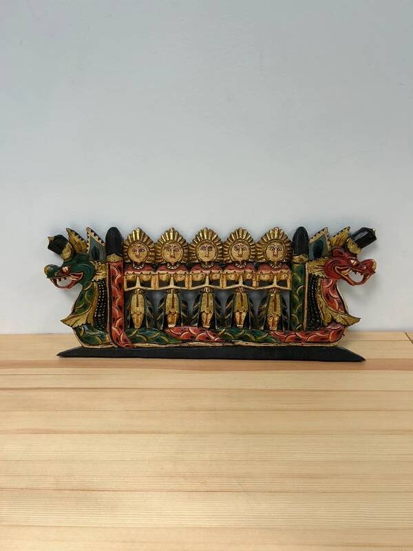Balinese wall panel carved wood gilded polychrome dragon procession