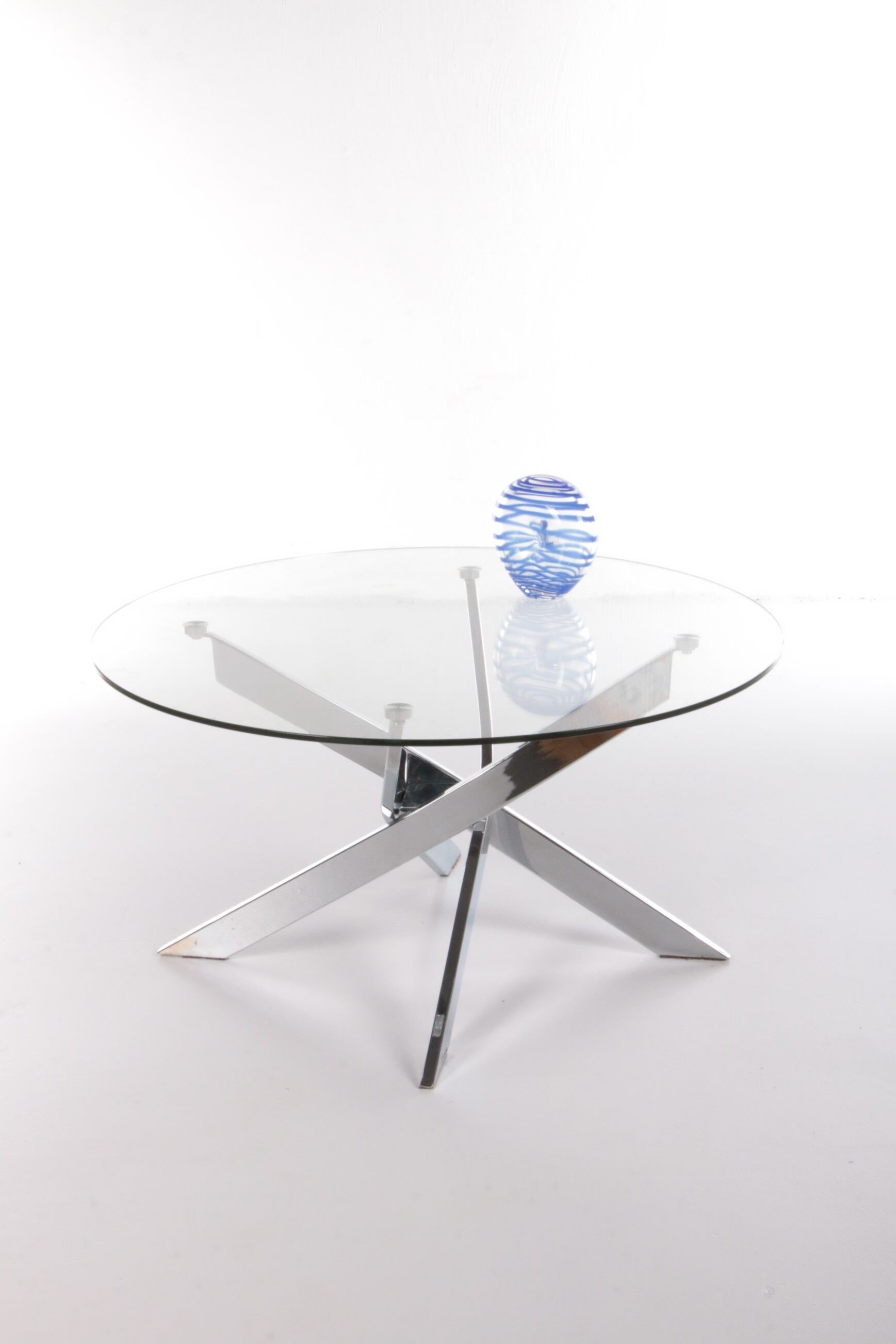 Vintage chrome coffee table with X frame and round glass top, 1980s