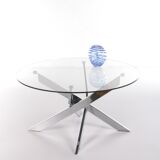 Vintage chrome coffee table with X frame and round glass top, 1980s