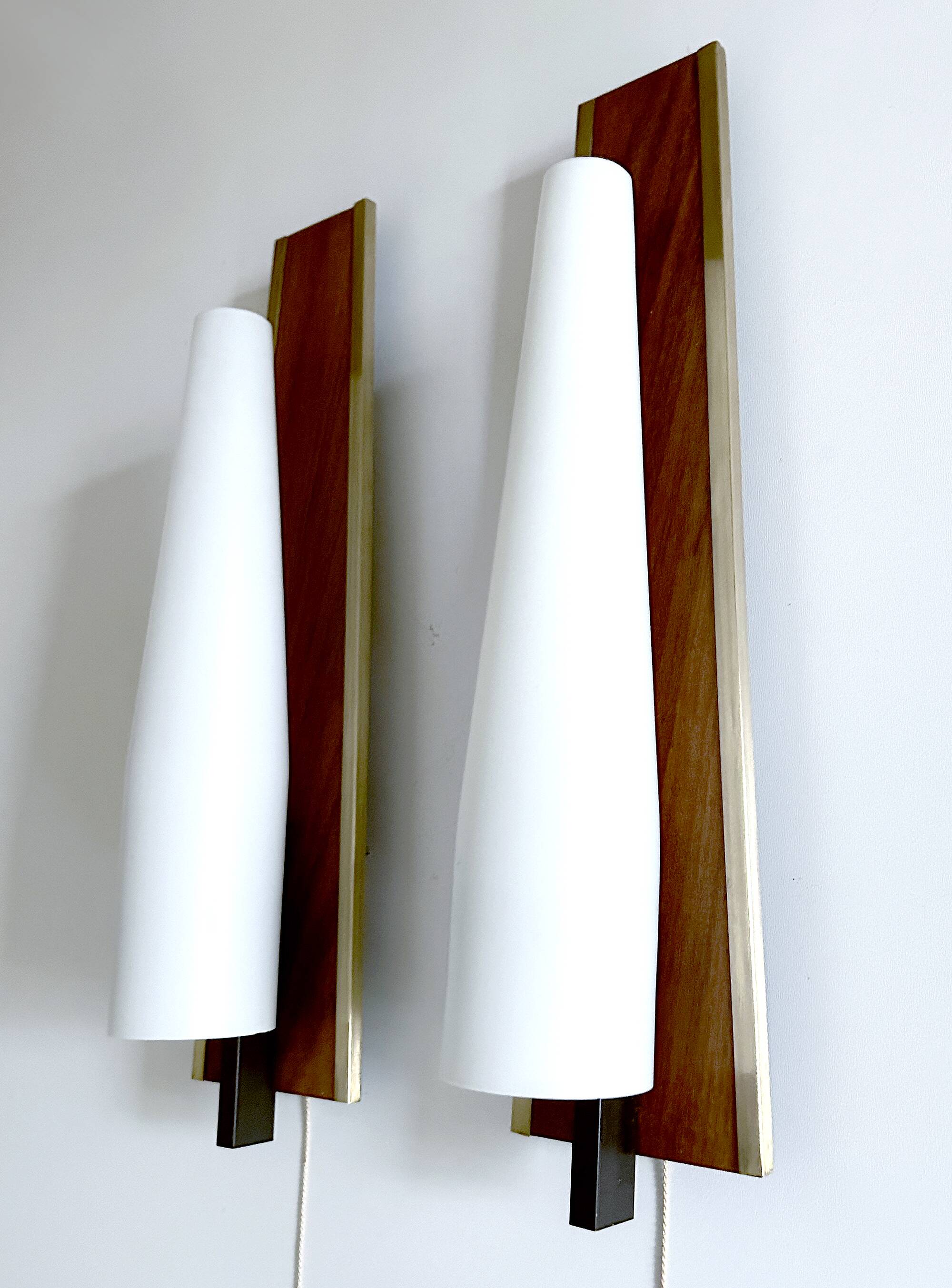 Pair of Large Scandinavian Teak Glass Wall Lights