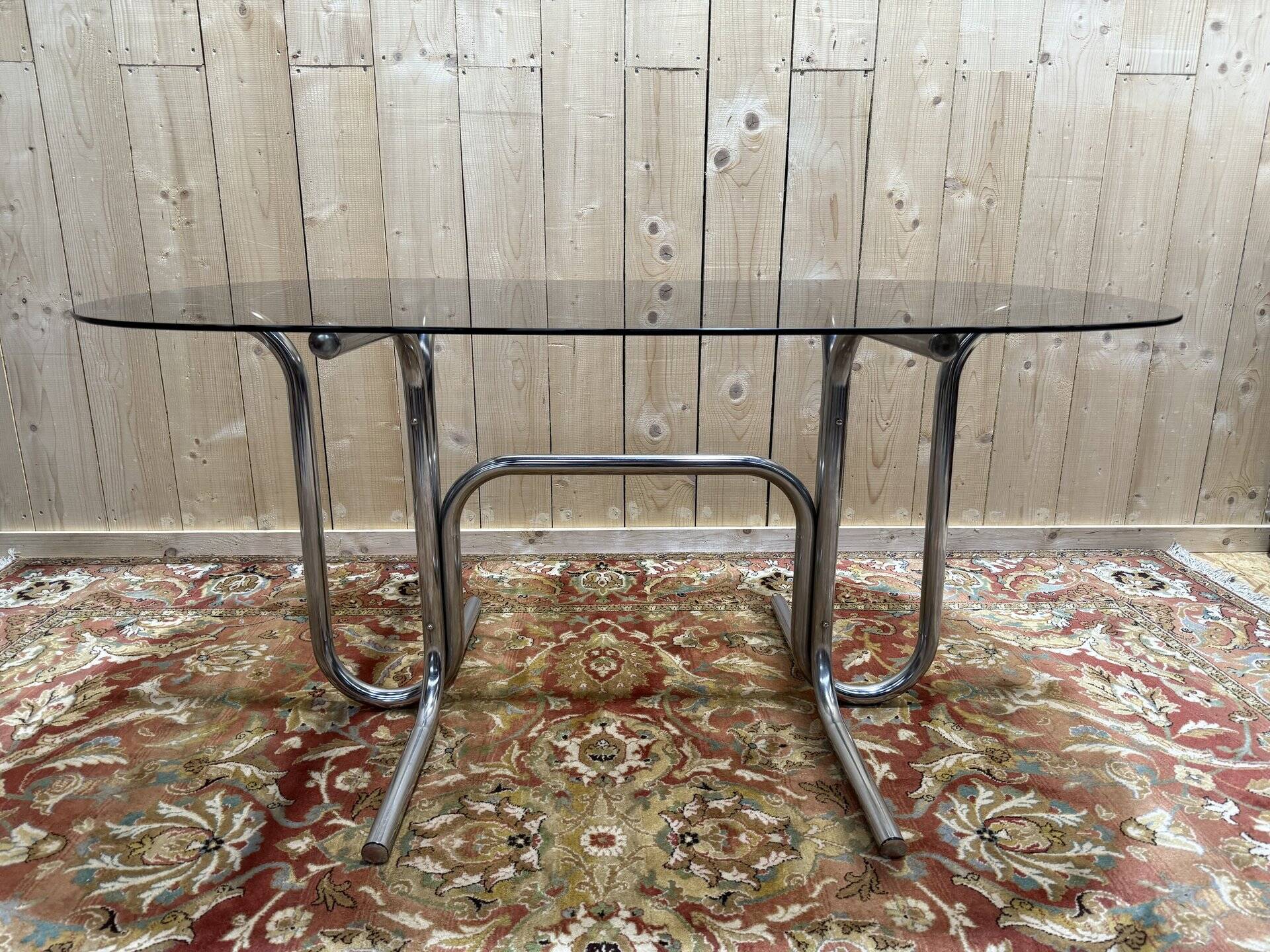 Tubular chrome and smoked glass dining table, 1970