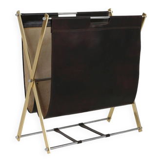 Folding magazine rack in metal and Leather, France 1970s