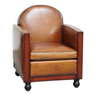 Beautiful, cognac-colored, sheep leather Art Deco design armchair in good condition