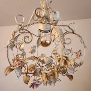 Hand-forged vintage pendant lamp with porcelain roses, Denz Neheim Hüsten