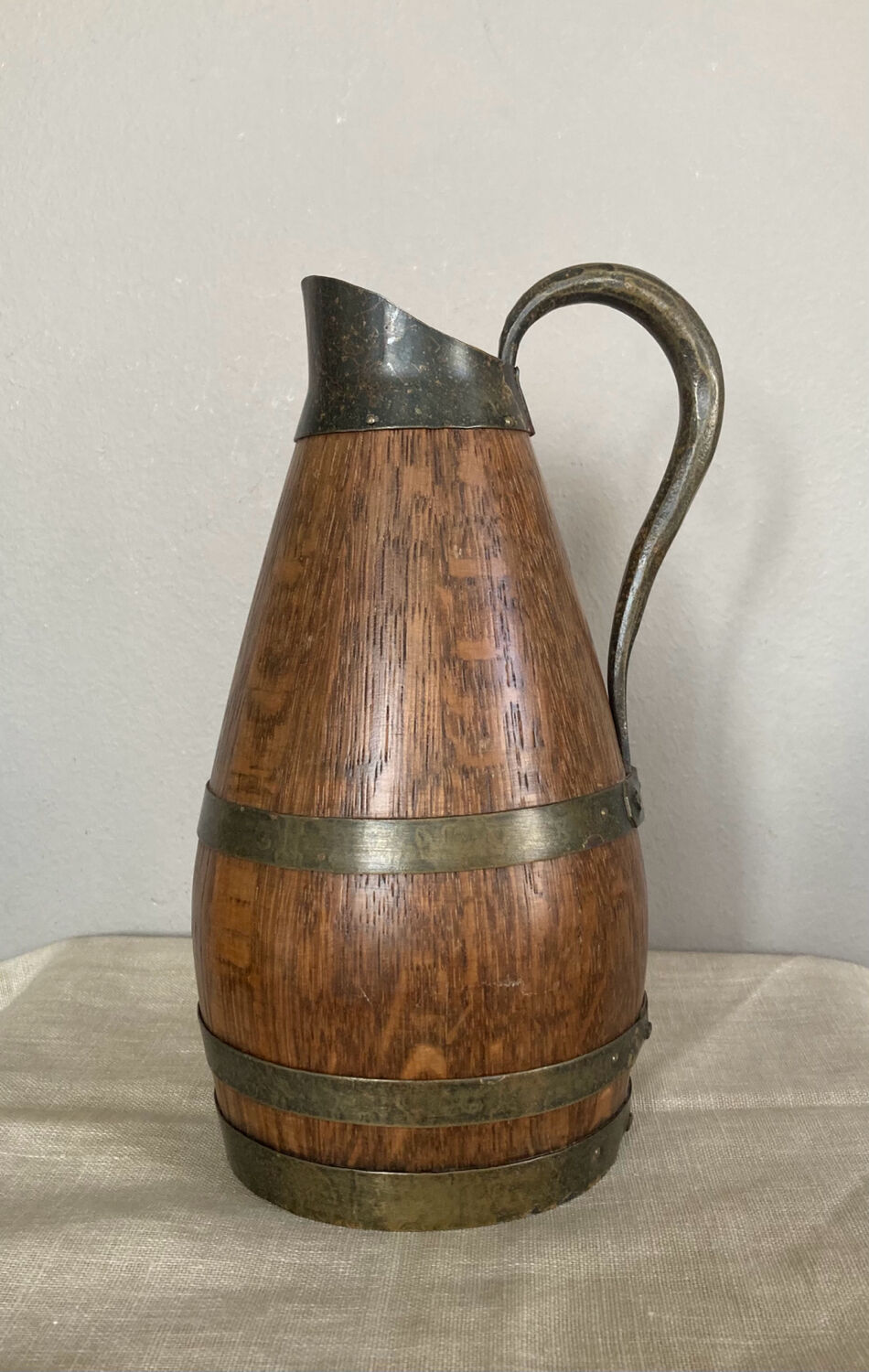Beaune brandy pitcher in solid oak with brass rims 1970s