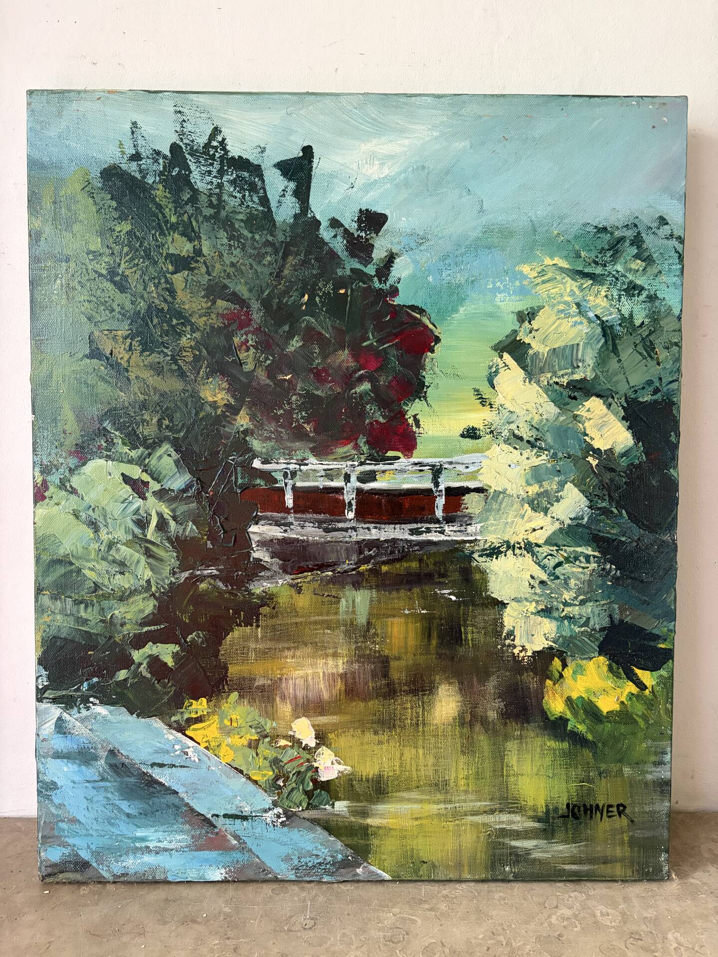 Japanese garden, oil on canvas signed Johner