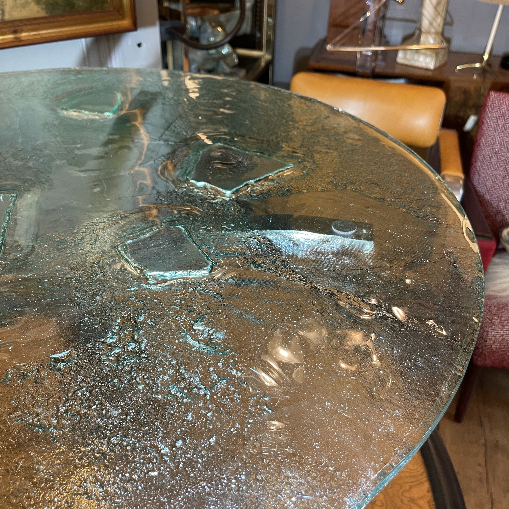 Pair of round coffee tables, glass, ca 1970