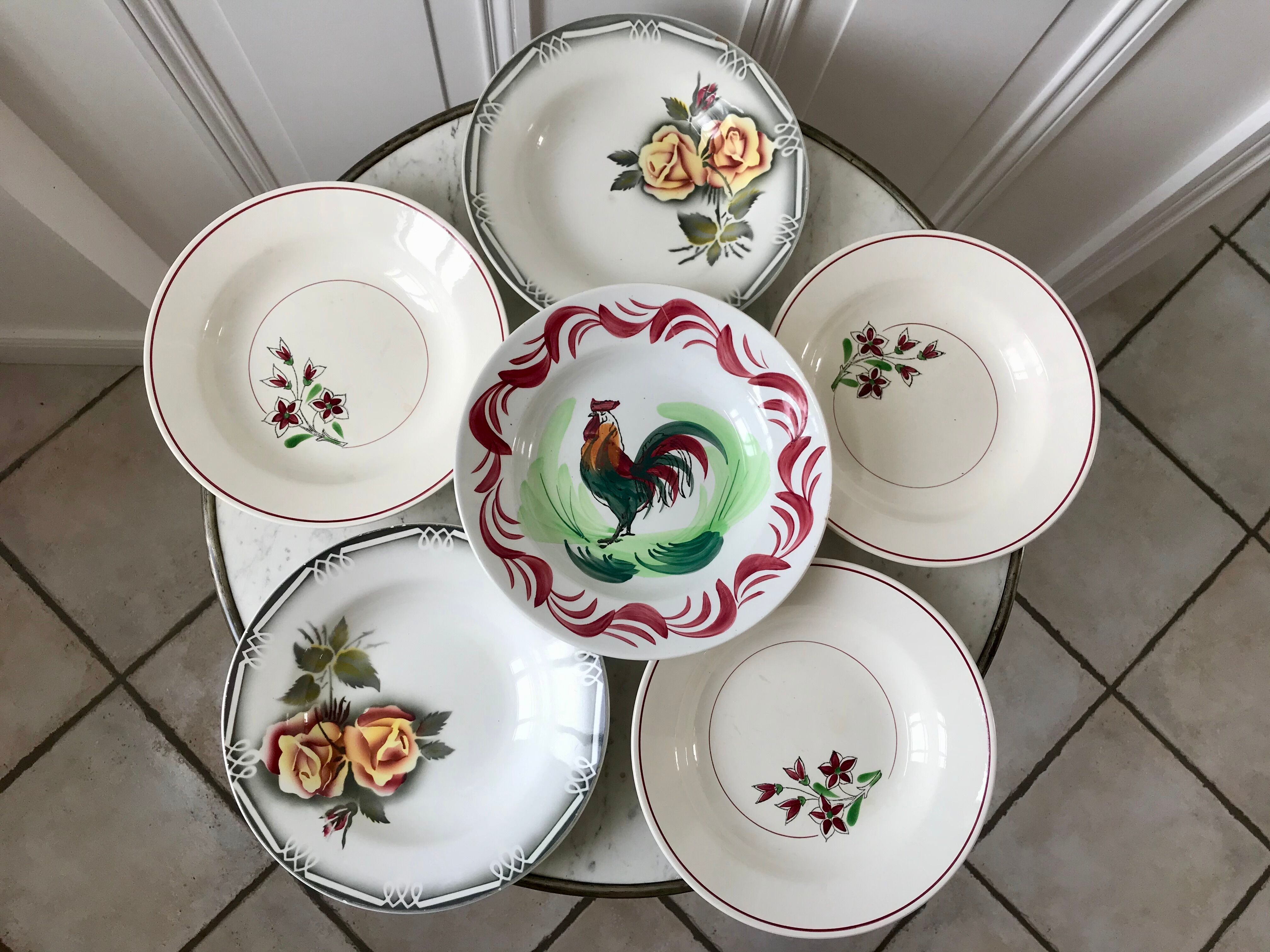 Set of 6 mismatched hollow plates Salins, Digoin Sarreguemines model "Agreste" and Moulin des