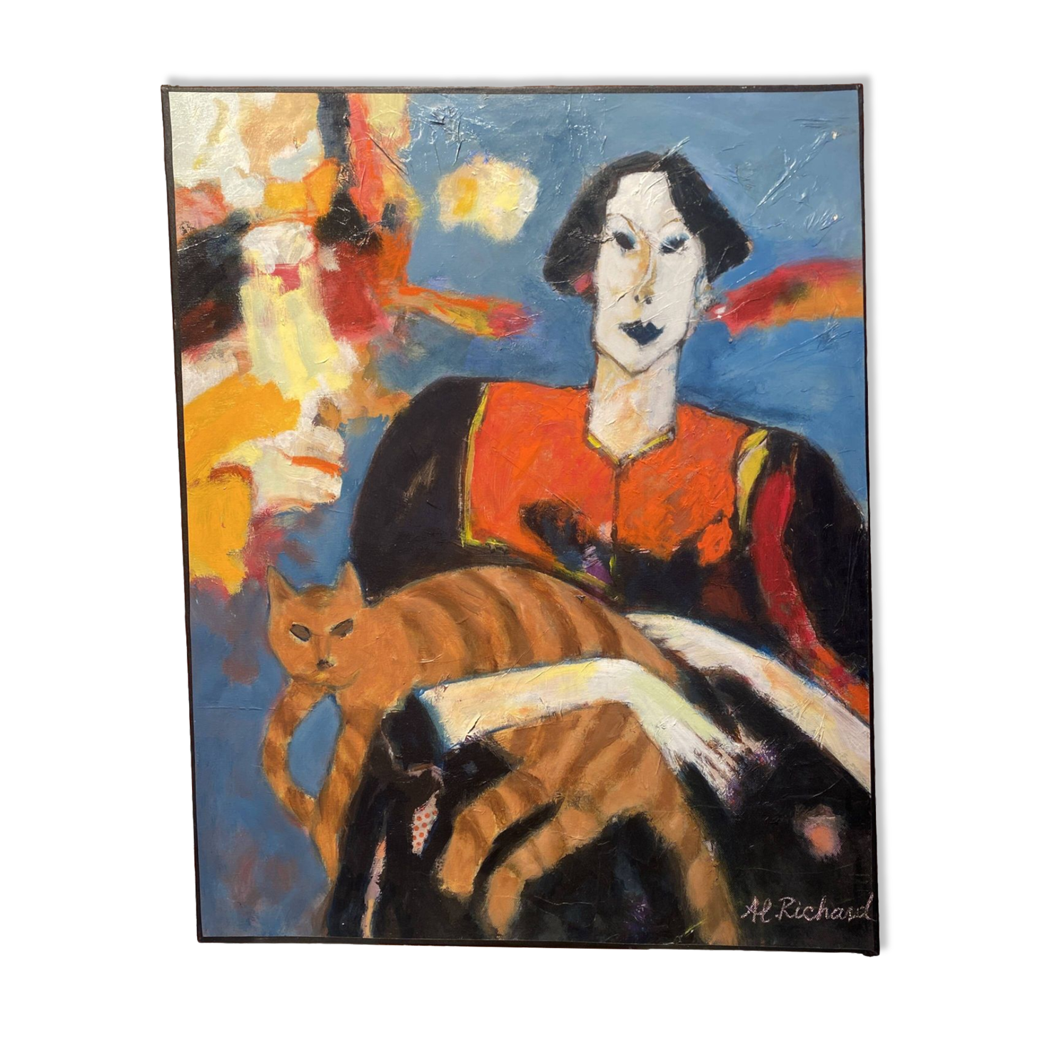 Peinture signée Al Richard portrait d'une femme portant un chat