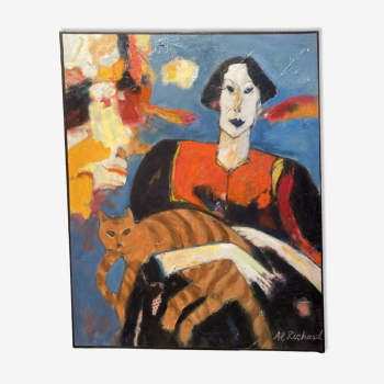Painting signed Al Richard portrait of a woman carrying a cat