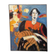 Peinture signée Al Richard portrait d'une femme portant un chat