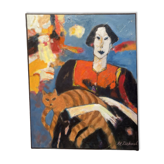 Painting signed Al Richard portrait of a woman carrying a cat