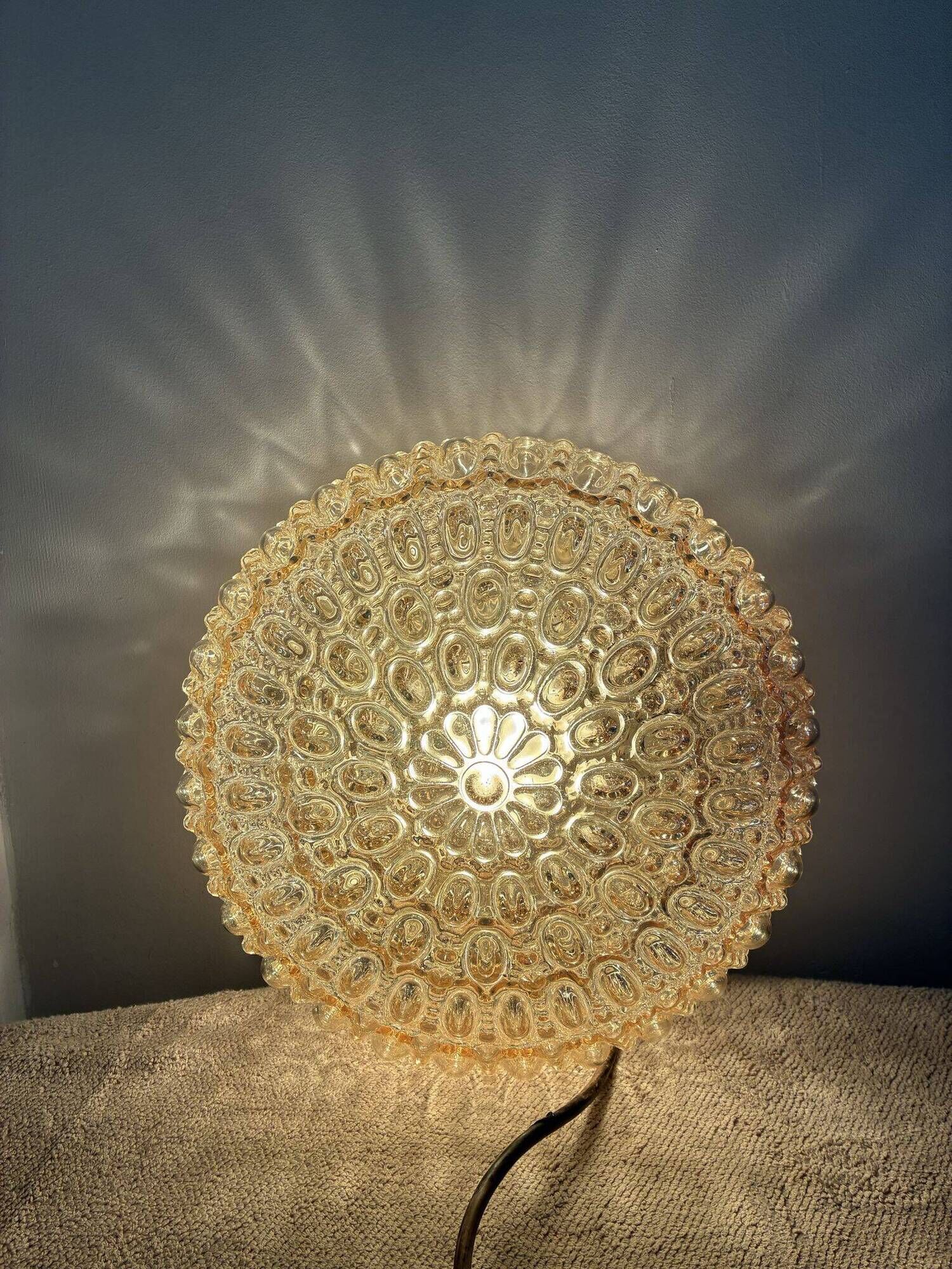 Glashütte Limburg amber bubble glass ceiling light and 2 sconces, 1960s