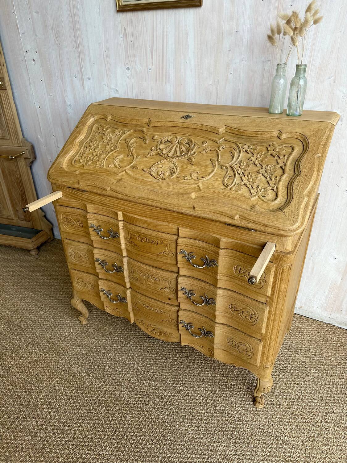 Antique oak secretary – light polished wood – Louis XV style