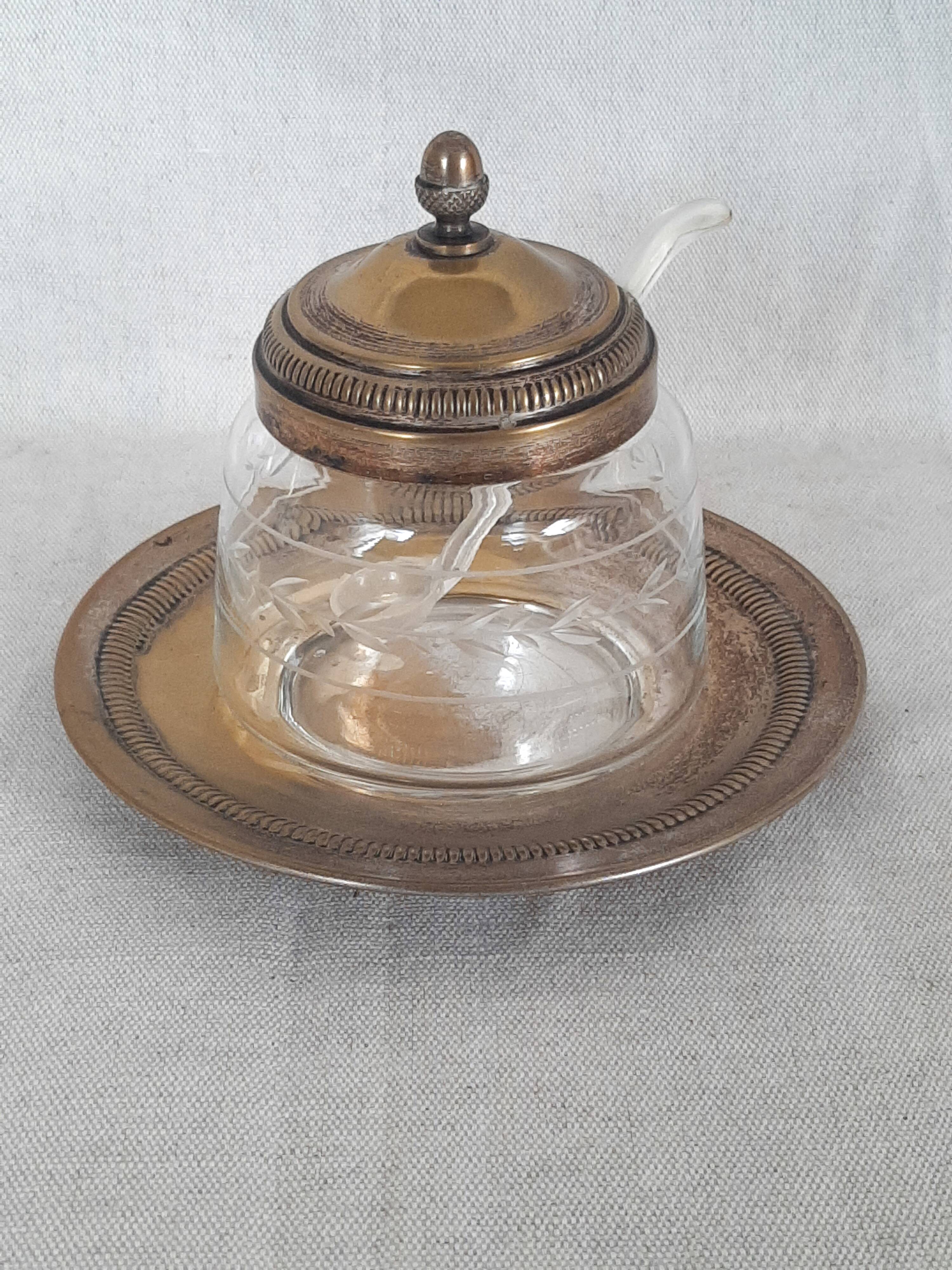 Engraved glass sugar bowl and silver-plated metal