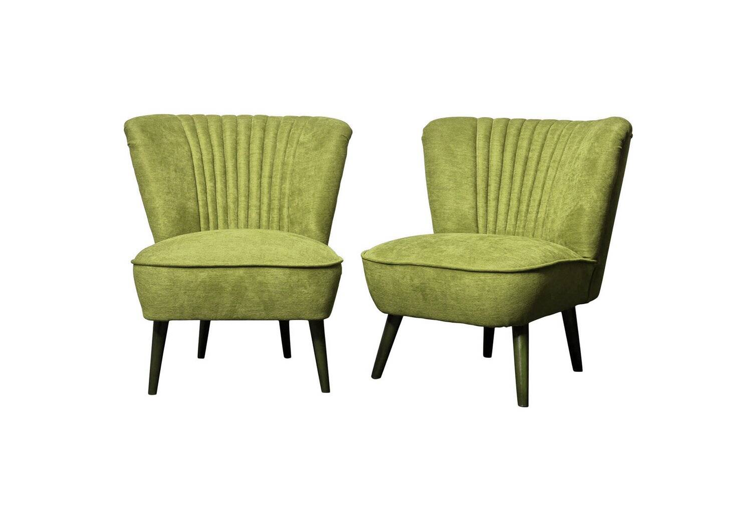 Pair of forest green cocktail chairs in fabric and wood, 1950s, ribbed shell backrest.