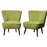 Pair of forest green cocktail chairs in fabric and wood, 1950s, ribbed shell backrest.
